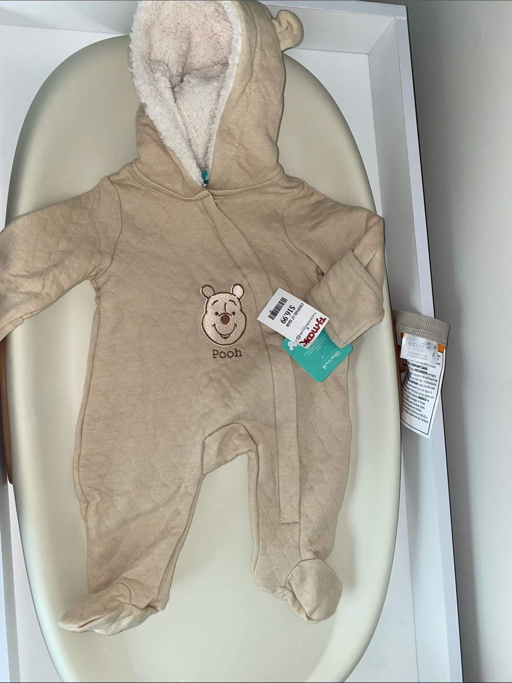 Beige Quilted Pooh Hooded Footed One-Piece